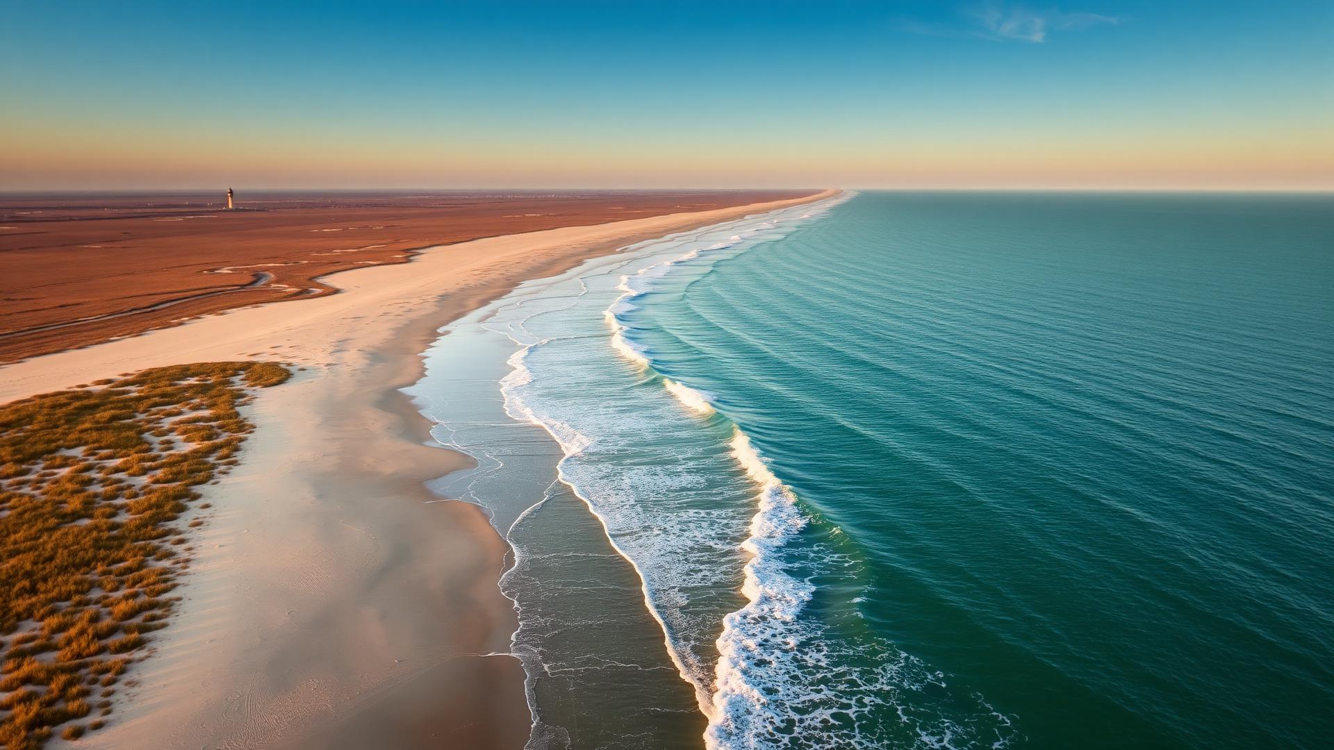 Aerial view of the Outer Banks barrier islands at sunset